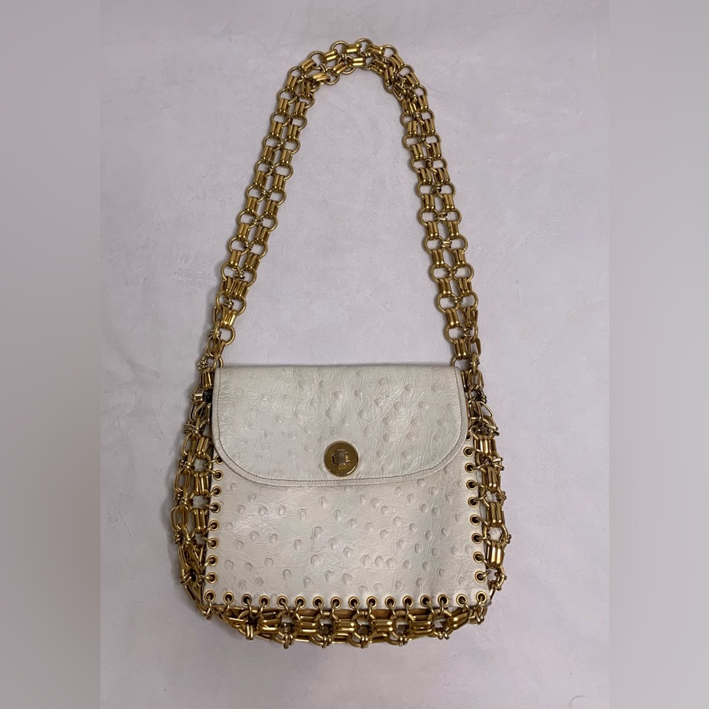 Vintage Genuine Ostrich Skin Italian Leather Gold Chainlink Handbag